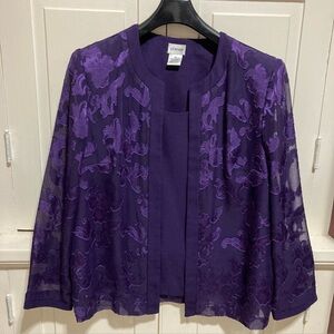 Vintage Liz Baker Size 18 Purple Floral Blouse Mesh Sleeves Faux Blazer Top